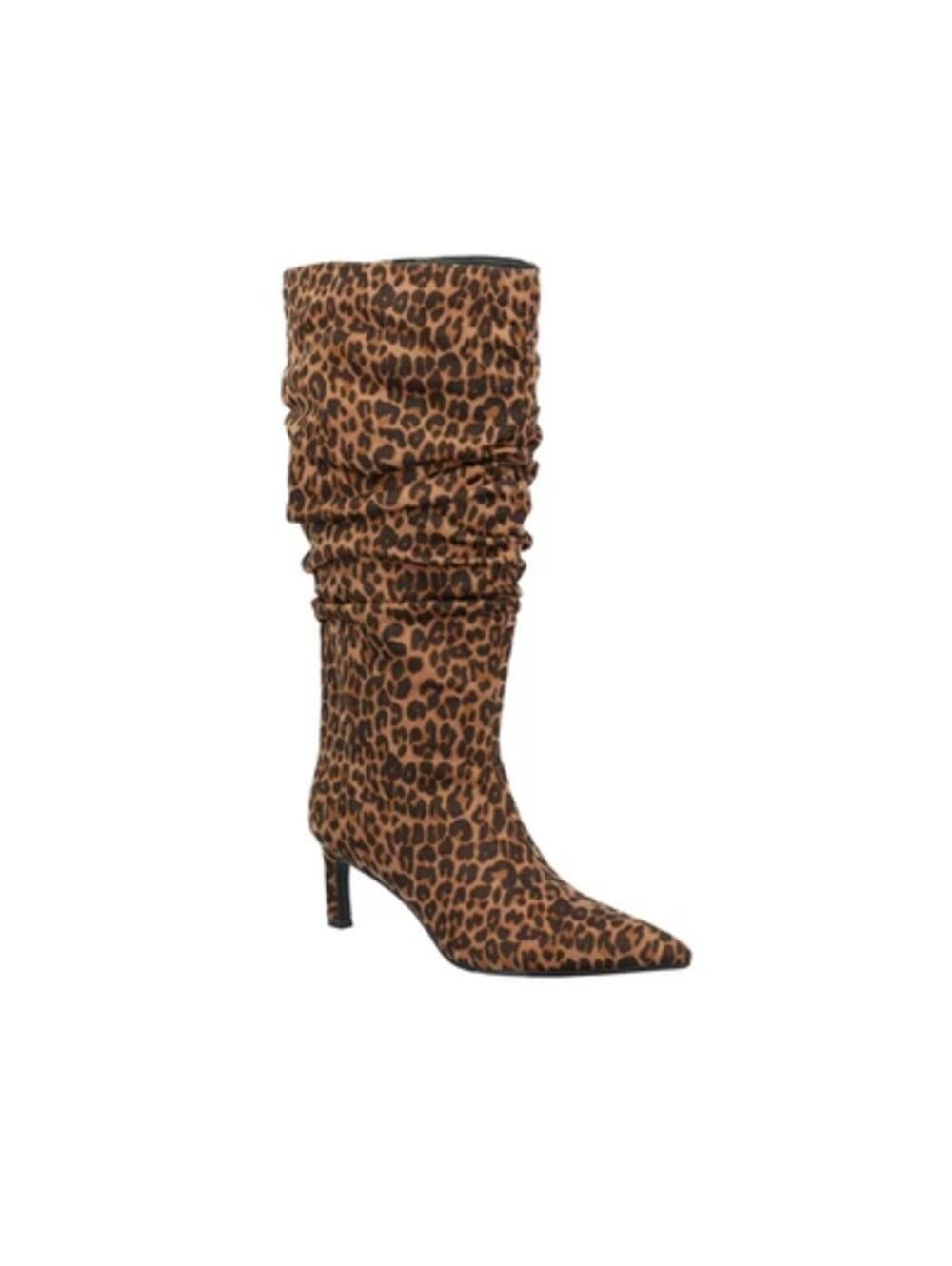 Leopard Print Mid-Calf Slouchy Boots with Pointed Toe and Stiletto Heel